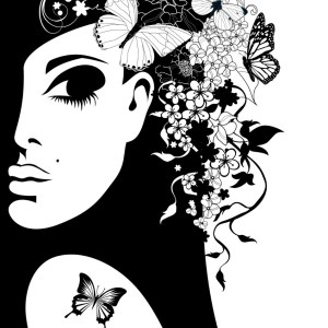 silhouette of a woman with flowers and butterflies, vector illustration